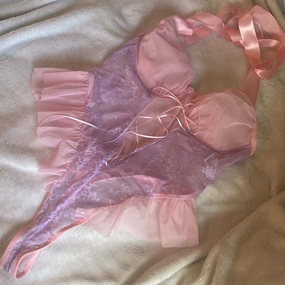 Colorblock Lace Panel Tie Front Naughty Mesh Bodysuit NWOT - Picture 6 of 8